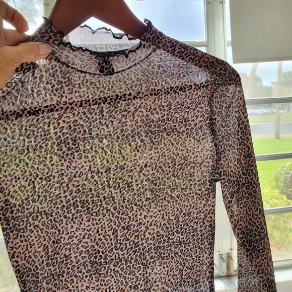 Y2K Mesh Top Cheetah Leopard Long Sleeve Lettuce Hem Whimsigoth S - Picture 5 of 13